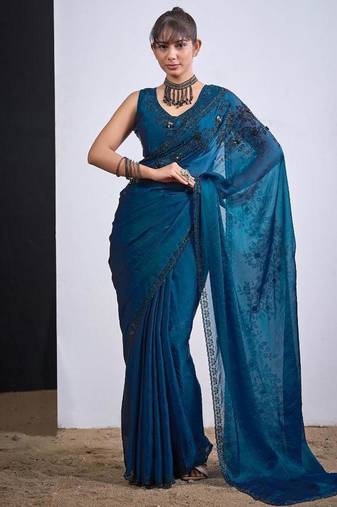 Morpeach color fendy satin silk two tone zircon cut dana handwork saree