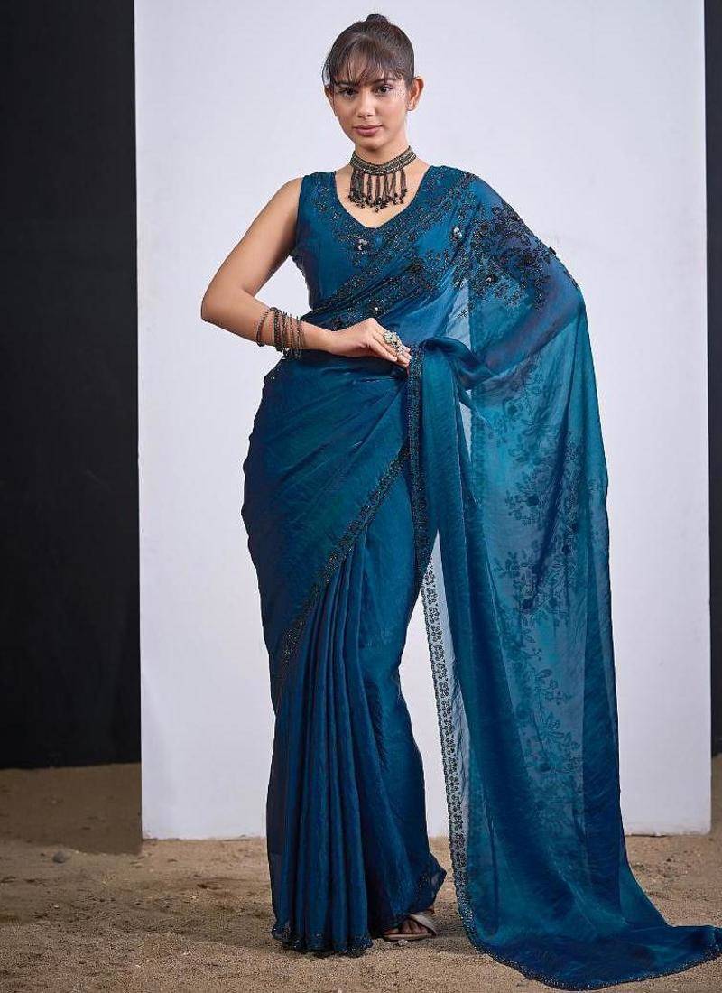 Morpeach color fendy satin silk two tone zircon cut dana handwork saree