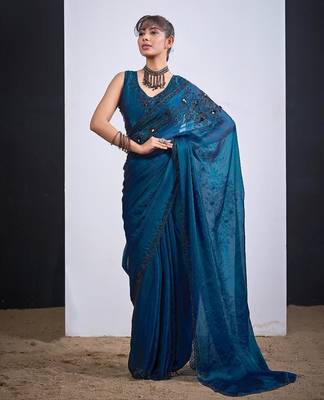 Morpeach fendy satin silk blend two tone zircon cut dana handwork saree 2
