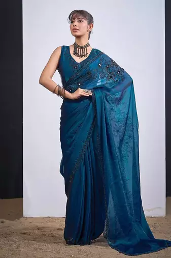 Morpeach color fendy satin silk blend two tone zircon cut dana handwork saree