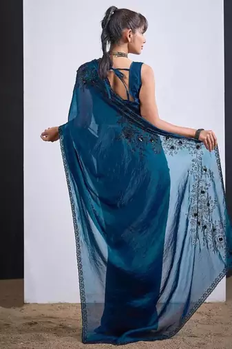 Morpeach color fendy satin silk blend two tone zircon cut dana handwork saree
