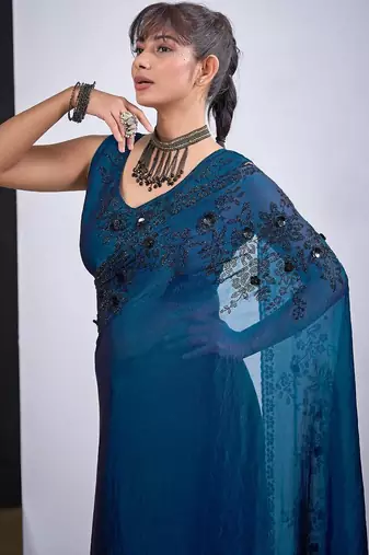 Morpeach color fendy satin silk blend two tone zircon cut dana handwork saree