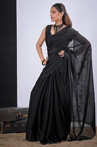 Black color fendy satin silk two tone zircon cut dana handwork saree