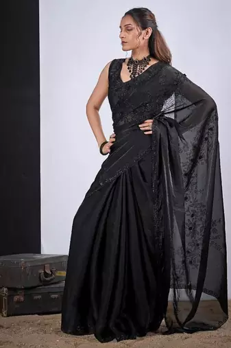 Black color fendy satin silk two tone zircon cut dana handwork saree