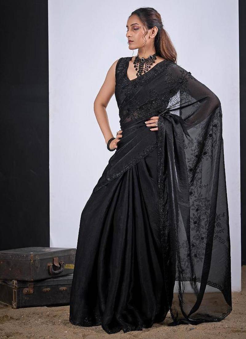 Black color fendy satin silk two tone zircon cut dana handwork saree