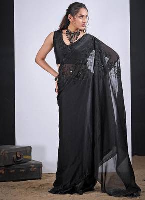 Black color fendy satin silk blend two tone zircon cut dana handwork saree 2