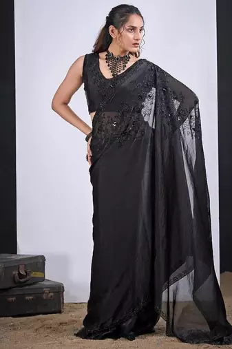Black color fendy satin silk blend two tone zircon cut dana handwork saree