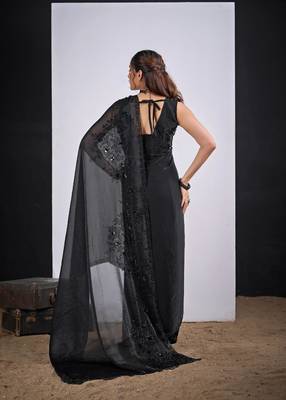 Black color fendy satin silk blend two tone zircon cut dana handwork saree 3
