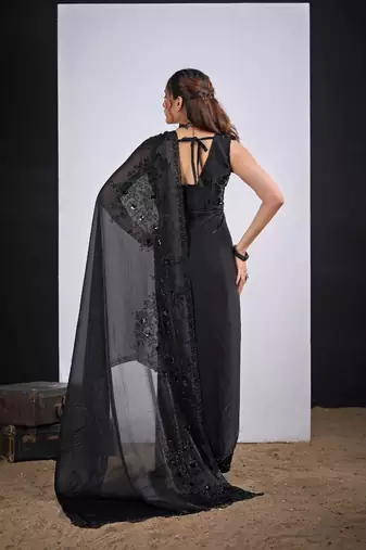 Black color fendy satin silk blend two tone zircon cut dana handwork saree