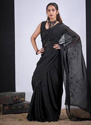 Black color fendy satin silk blend two tone zircon cut dana handwork saree 4