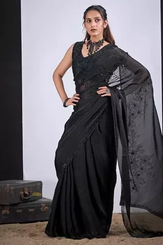 Black color fendy satin silk blend two tone zircon cut dana handwork saree