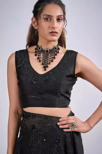Black color fendy satin silk blend two tone zircon cut dana handwork saree