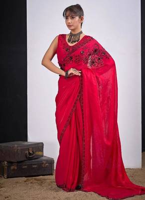 Rani color fendy satin silk blend two tone zircon cut dana handwork saree 1