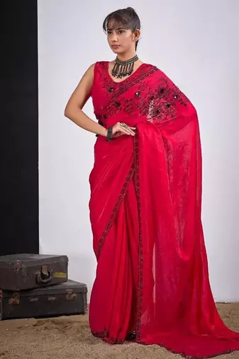 Rani color fendy satin silk two tone zircon cut dana handwork saree