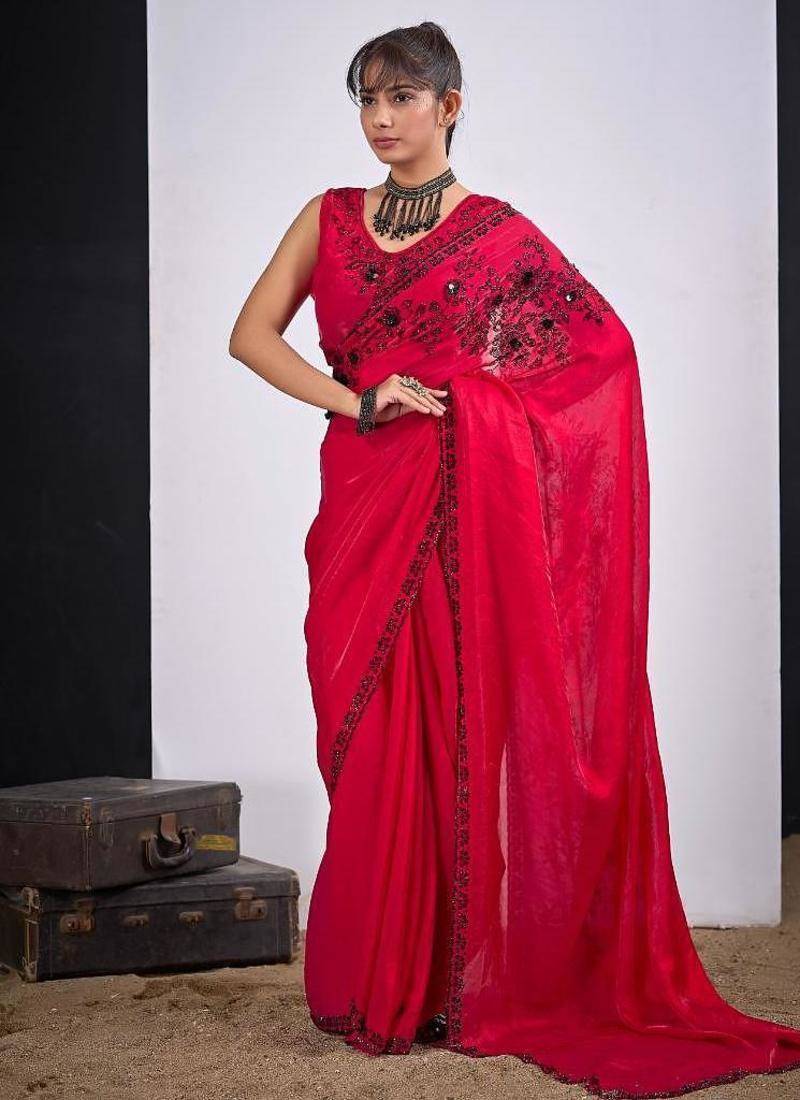 Rani color fendy satin silk two tone zircon cut dana handwork saree