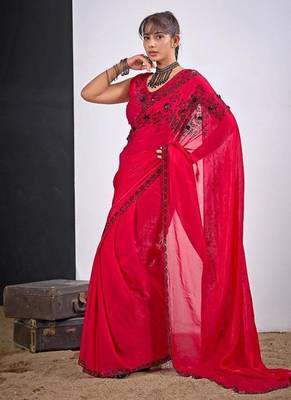 Rani color fendy satin silk blend two tone zircon cut dana handwork saree 2