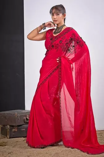 Rani color fendy satin silk blend two tone zircon cut dana handwork saree