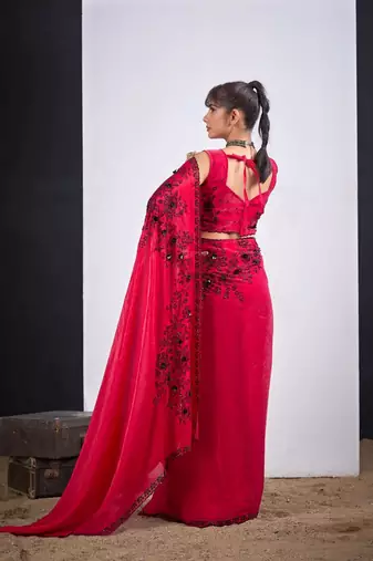 Rani color fendy satin silk blend two tone zircon cut dana handwork saree