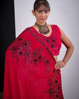 Rani color fendy satin silk blend two tone zircon cut dana handwork saree 5