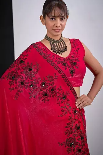 Rani color fendy satin silk blend two tone zircon cut dana handwork saree