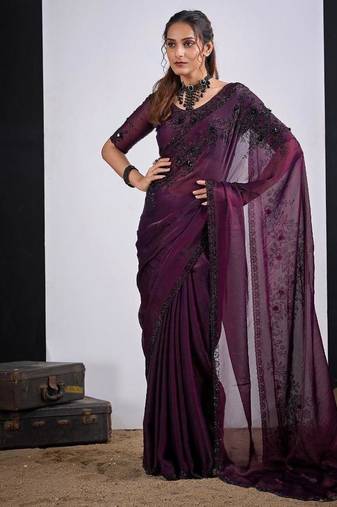 Wine color fendy satin silk two tone zircon cut dana handwork saree