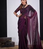 Wine color fendy satin silk blend two tone zircon cut dana handwork saree