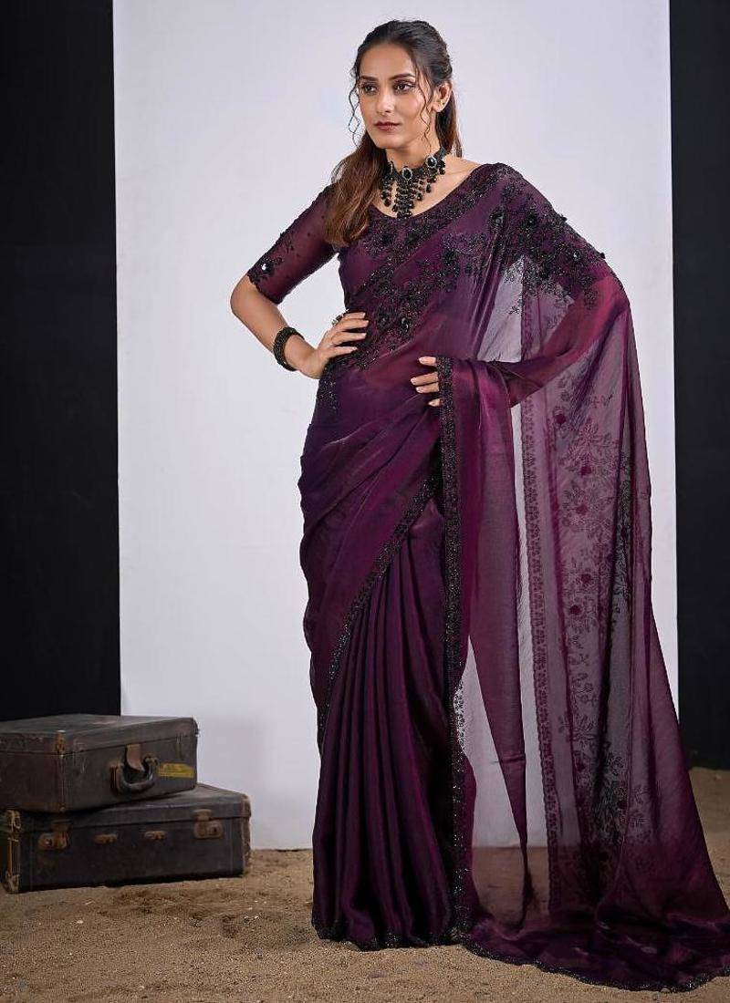 Wine color fendy satin silk two tone zircon cut dana handwork saree