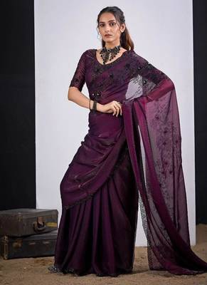 Wine color fendy satin silk blend two tone zircon cut dana handwork saree 2