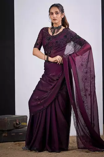 Wine color fendy satin silk blend two tone zircon cut dana handwork saree
