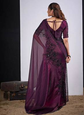 Wine color fendy satin silk blend two tone zircon cut dana handwork saree 3