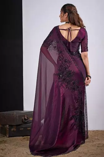 Wine color fendy satin silk blend two tone zircon cut dana handwork saree