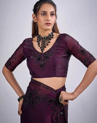 Wine color fendy satin silk blend two tone zircon cut dana handwork saree 4