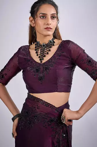 Wine color fendy satin silk blend two tone zircon cut dana handwork saree