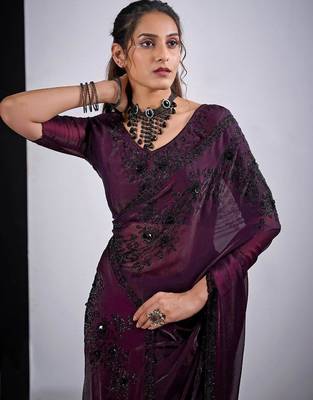 Wine color fendy satin silk blend two tone zircon cut dana handwork saree 5