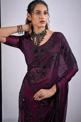 Wine color fendy satin silk blend two tone zircon cut dana handwork saree