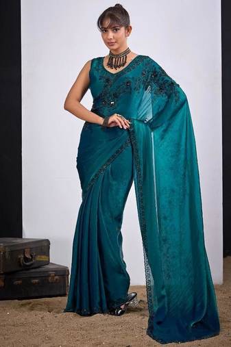 Rama color fendy satin silk two tone zircon cut dana handwork saree