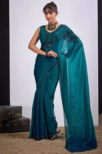 Rama color fendy satin silk two tone zircon cut dana handwork saree