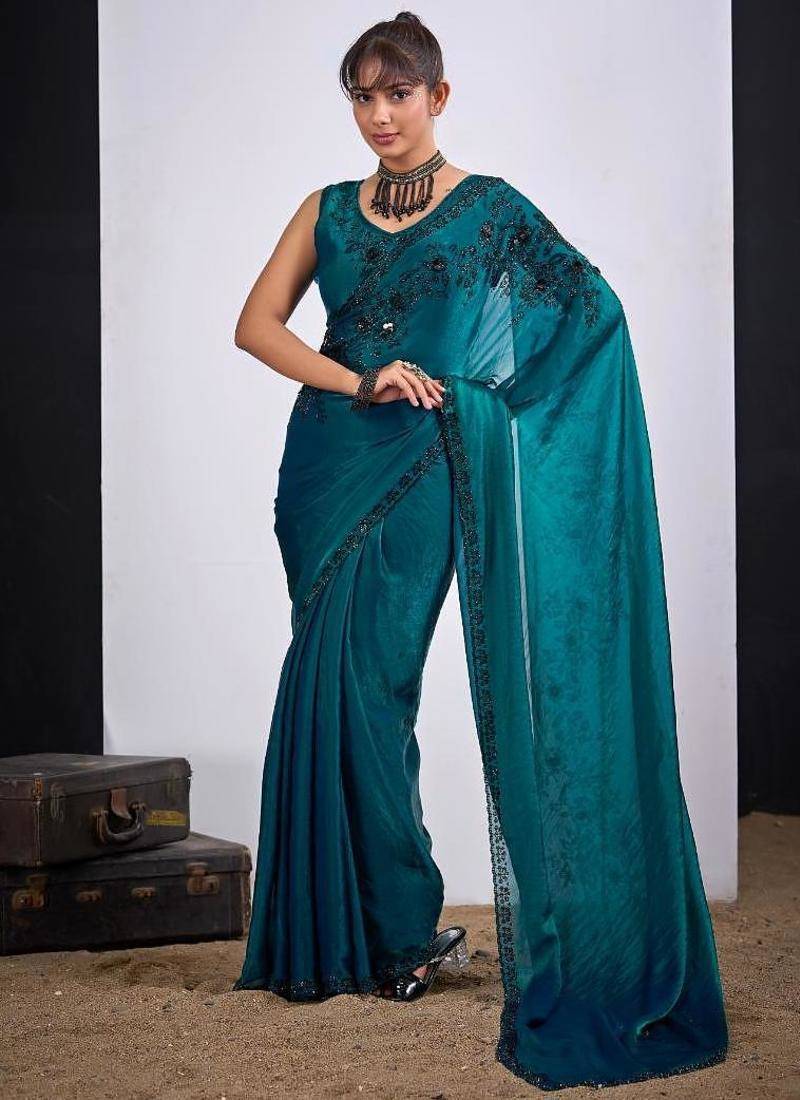 Rama color fendy satin silk two tone zircon cut dana handwork saree