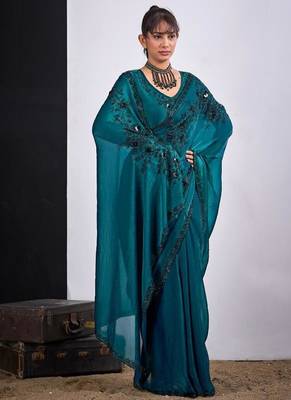 Rama color fendy satin silk blend two tone zircon cut dana handwork saree 2
