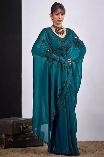 Rama color fendy satin silk blend two tone zircon cut dana handwork saree