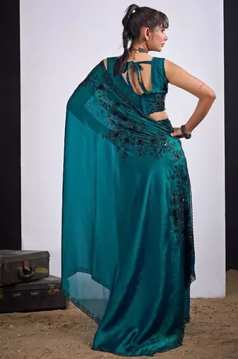 Rama color fendy satin silk blend two tone zircon cut dana handwork saree
