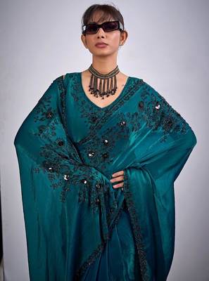 Rama color fendy satin silk blend two tone zircon cut dana handwork saree 5