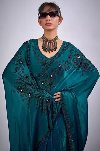 Rama color fendy satin silk blend two tone zircon cut dana handwork saree