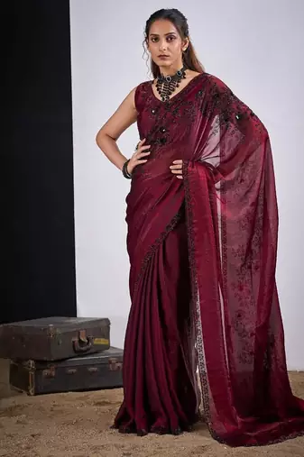 Maroon color fendy satin silk two tone zircon cut dana handwork saree