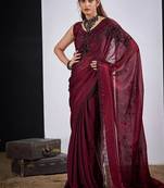 Maroon color fendy satin silk blend two tone zircon cut dana handwork saree