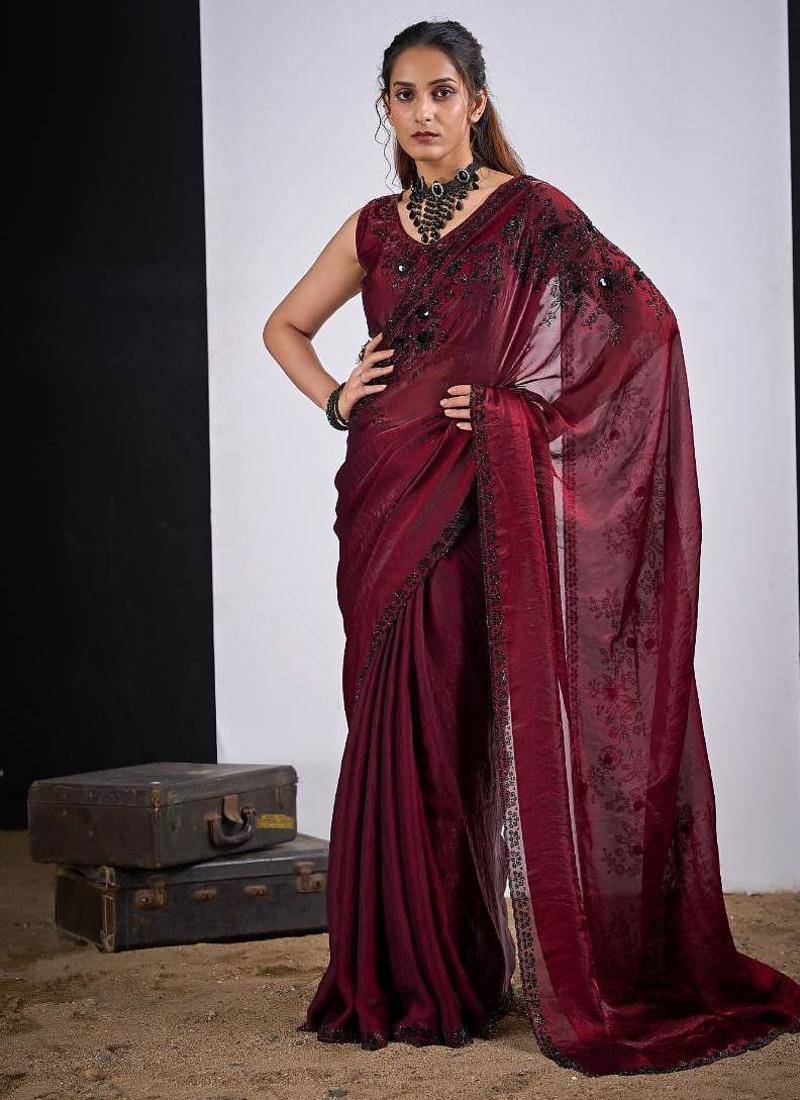 Maroon color fendy satin silk two tone zircon cut dana handwork saree