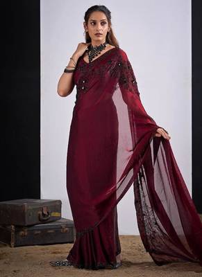 Maroon color fendy satin silk blend two tone zircon cut dana handwork saree 2