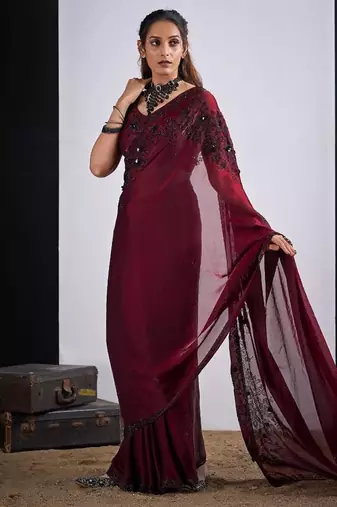 Maroon color fendy satin silk blend two tone zircon cut dana handwork saree