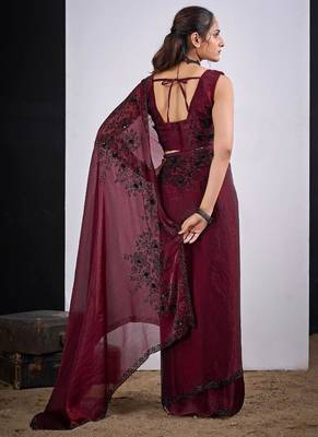 Maroon color fendy satin silk blend two tone zircon cut dana handwork saree 3