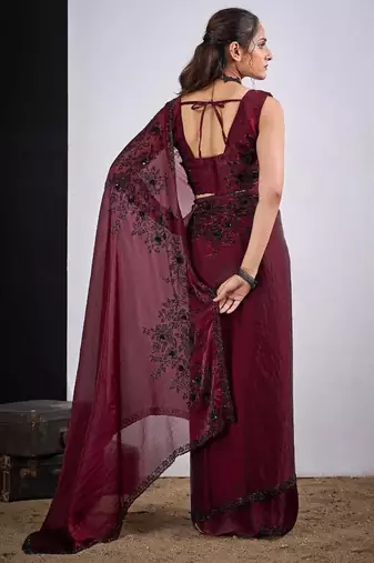 Maroon color fendy satin silk blend two tone zircon cut dana handwork saree